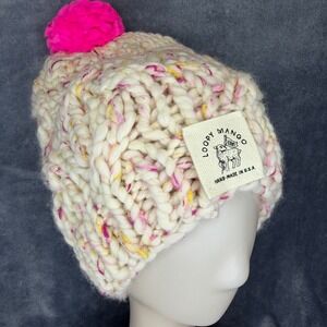 Loopy Mango Beanie Hat Womens OS Cream Pink Yellow Chunky Merino Wool Pom Pom